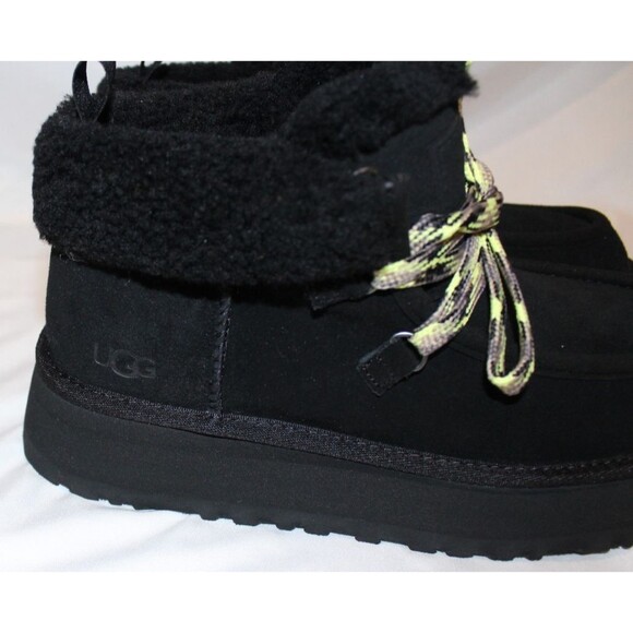 UGG FUNKARRA CUFF SUEDE SHEEPSKIN PLATFORM SHOE BOOTS WOMEN BLACK - Picture 4 of 8